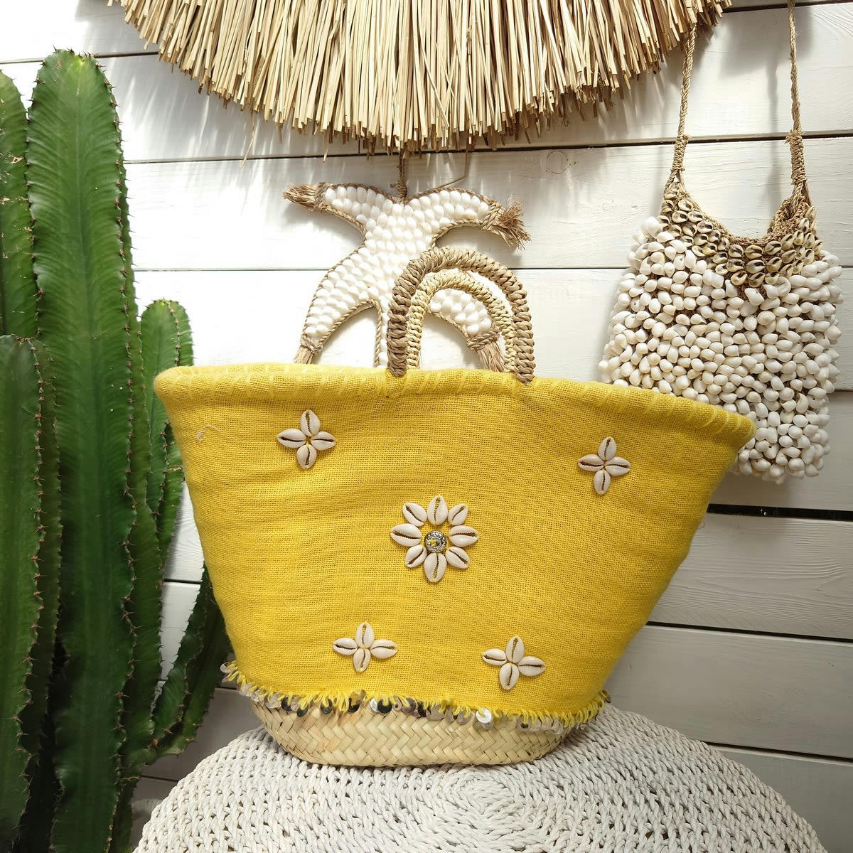 NORA - Sac de plage en palmier et toile, jaune