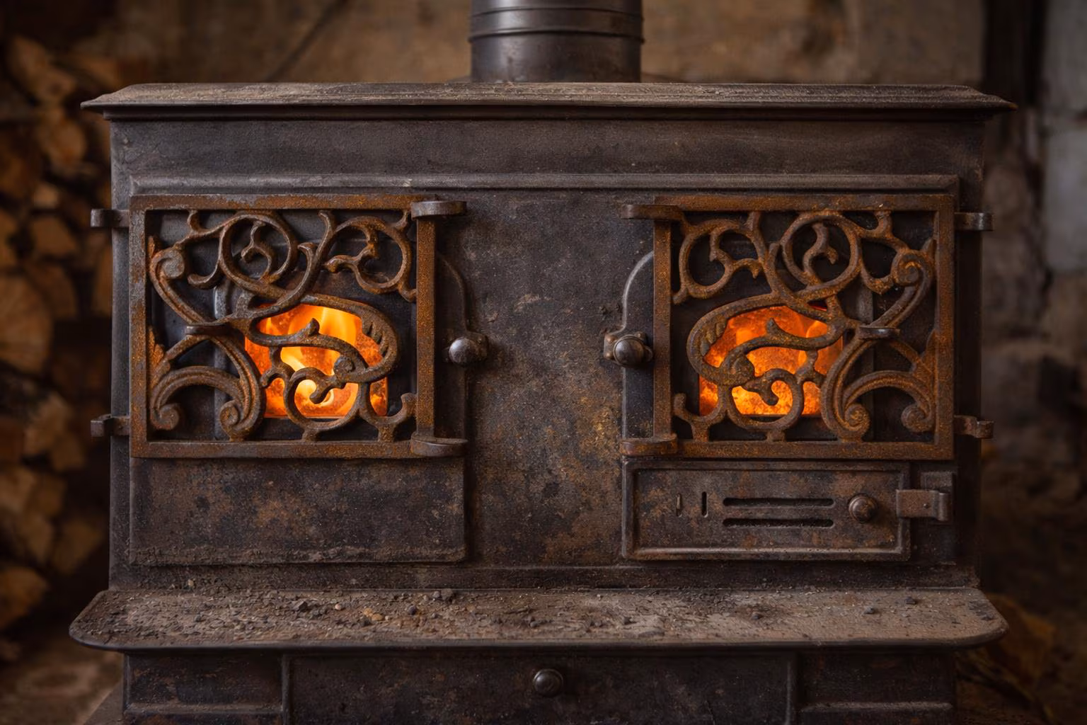 Vintage Cast Iron Fireplace Panels – Ornate Scrollwork Stove Doors, Rustic Architectural Salvage Style