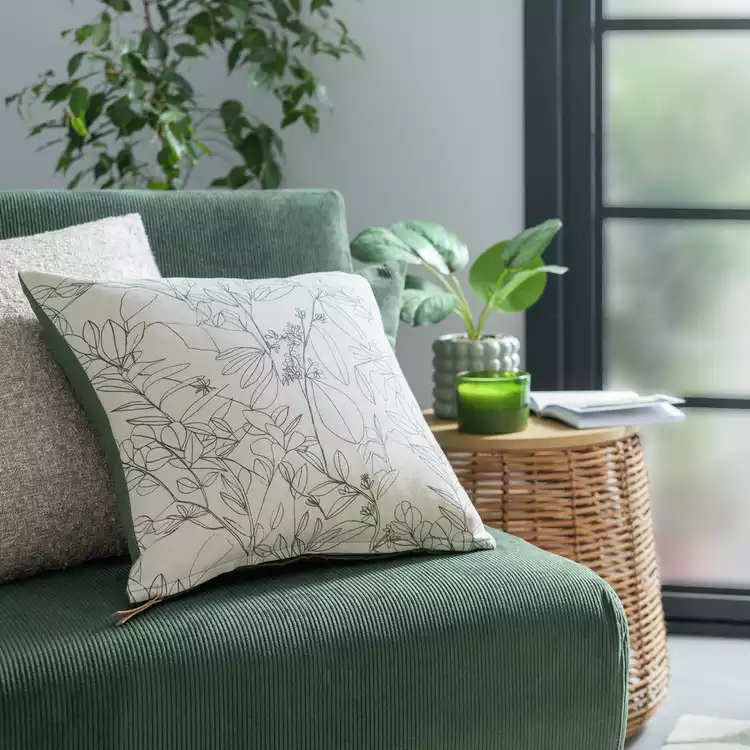 Habitat Floral Print Cushion - White & Green - 43x43cm