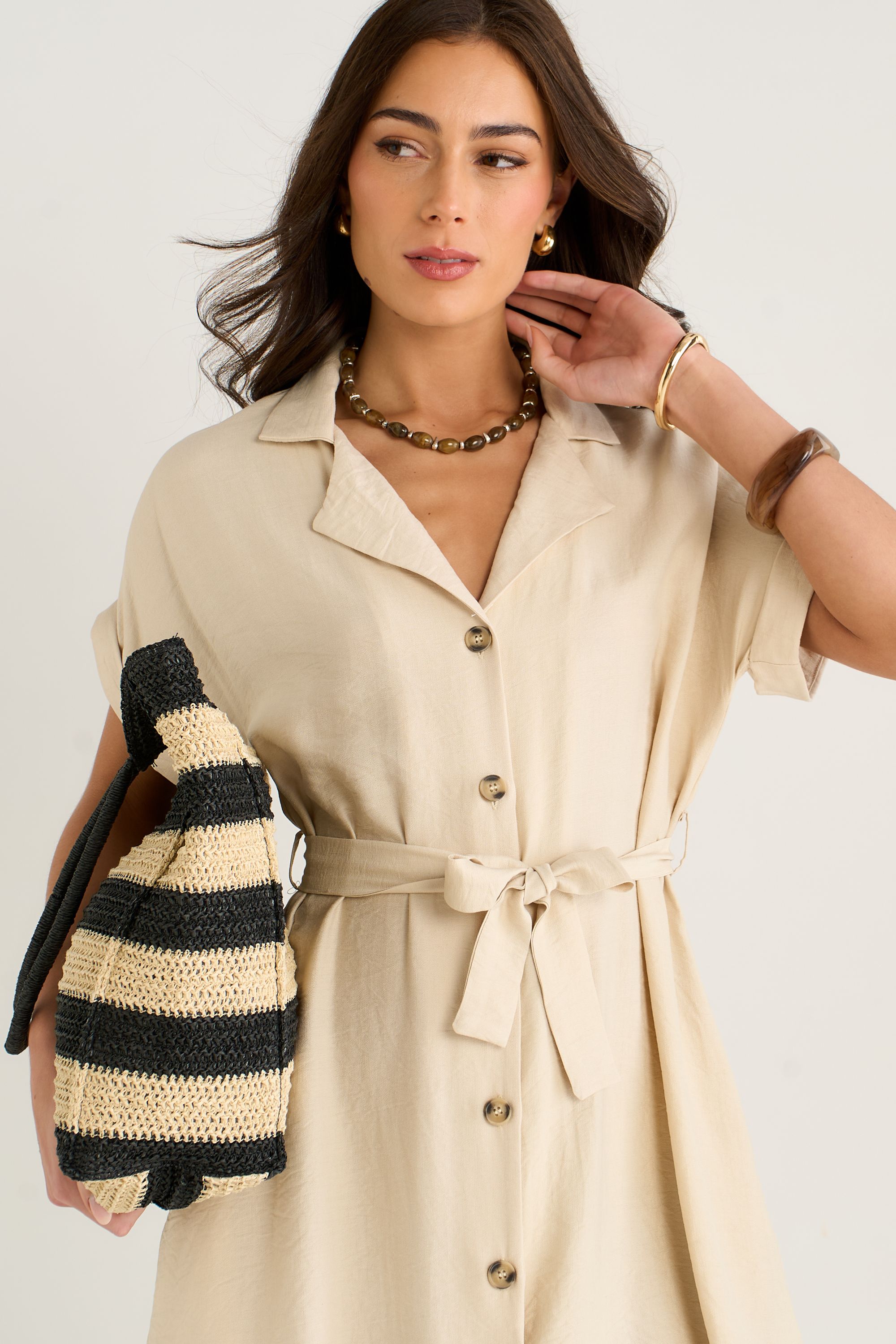 Gini London Beige Utility Belted Oversized Viscose Shirt Dress