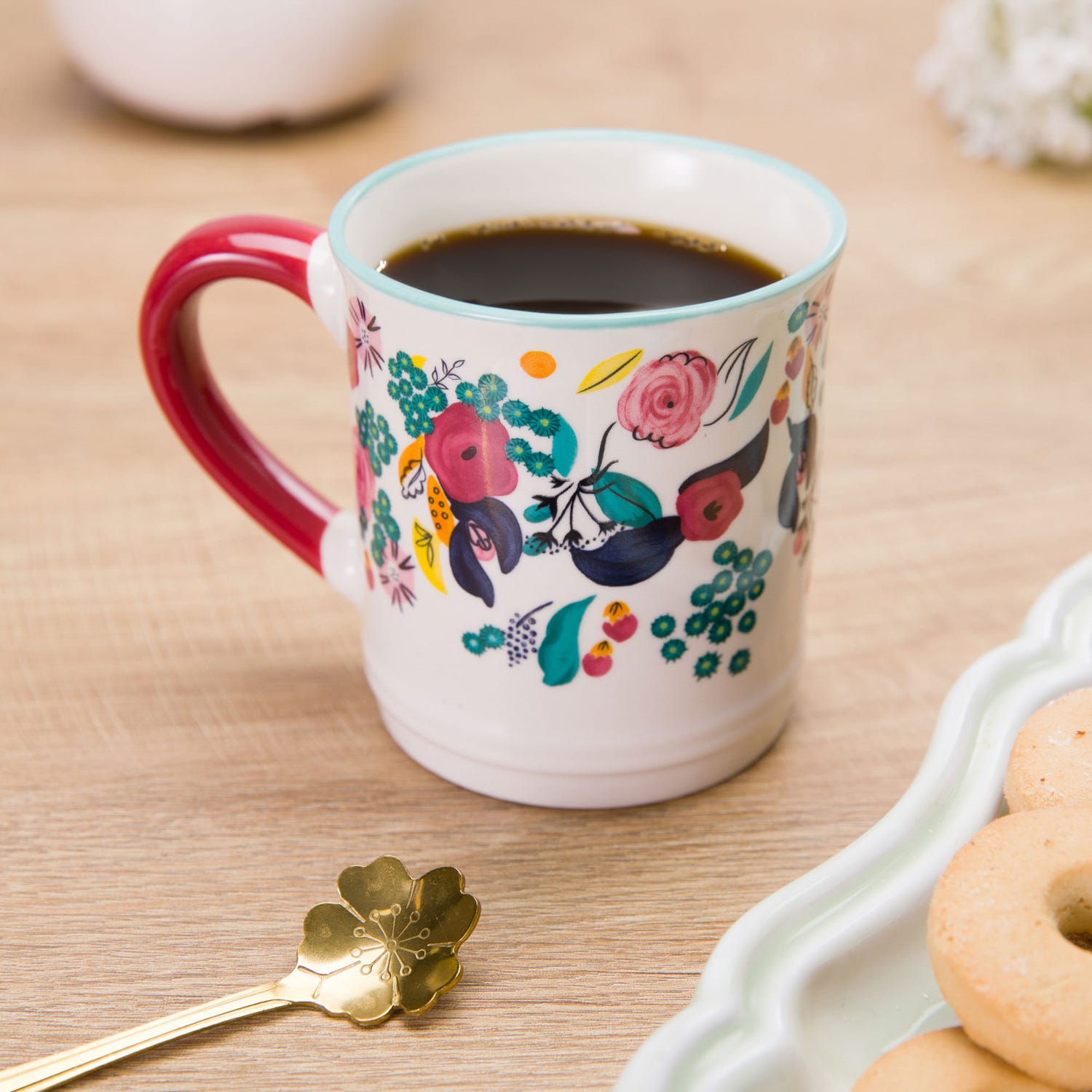 Tazza mug fiori 310 ml in porcellana bianca e rossa