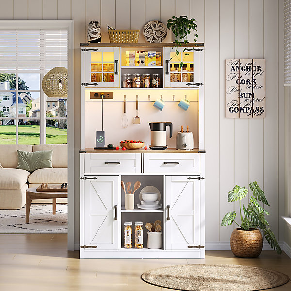 Buffet de cuisine en MDF blanc et marron avec LED et prises intégrées
