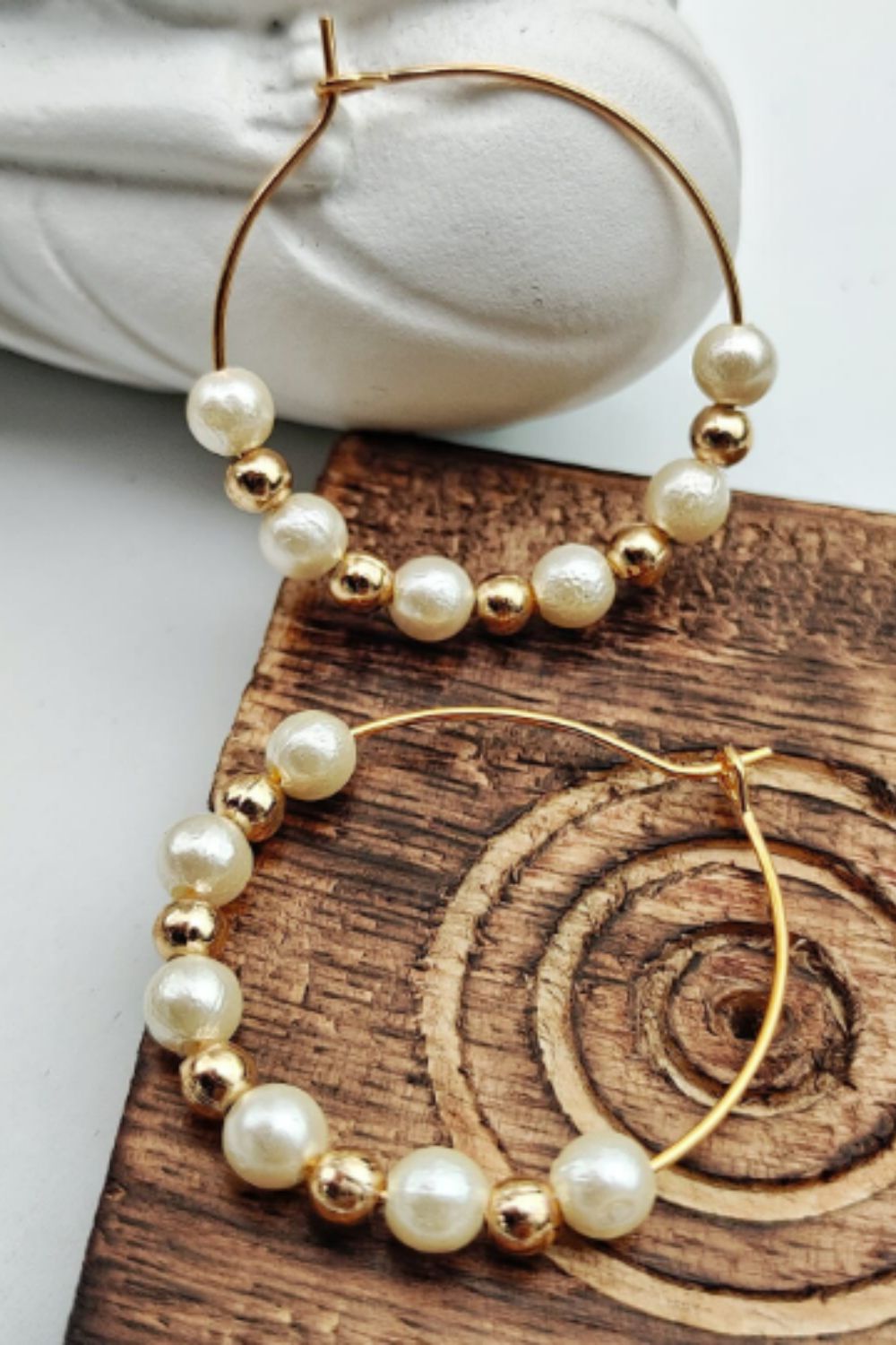 The Colourful Aura Gold White Beaded 30mm Bali Hoop Earring