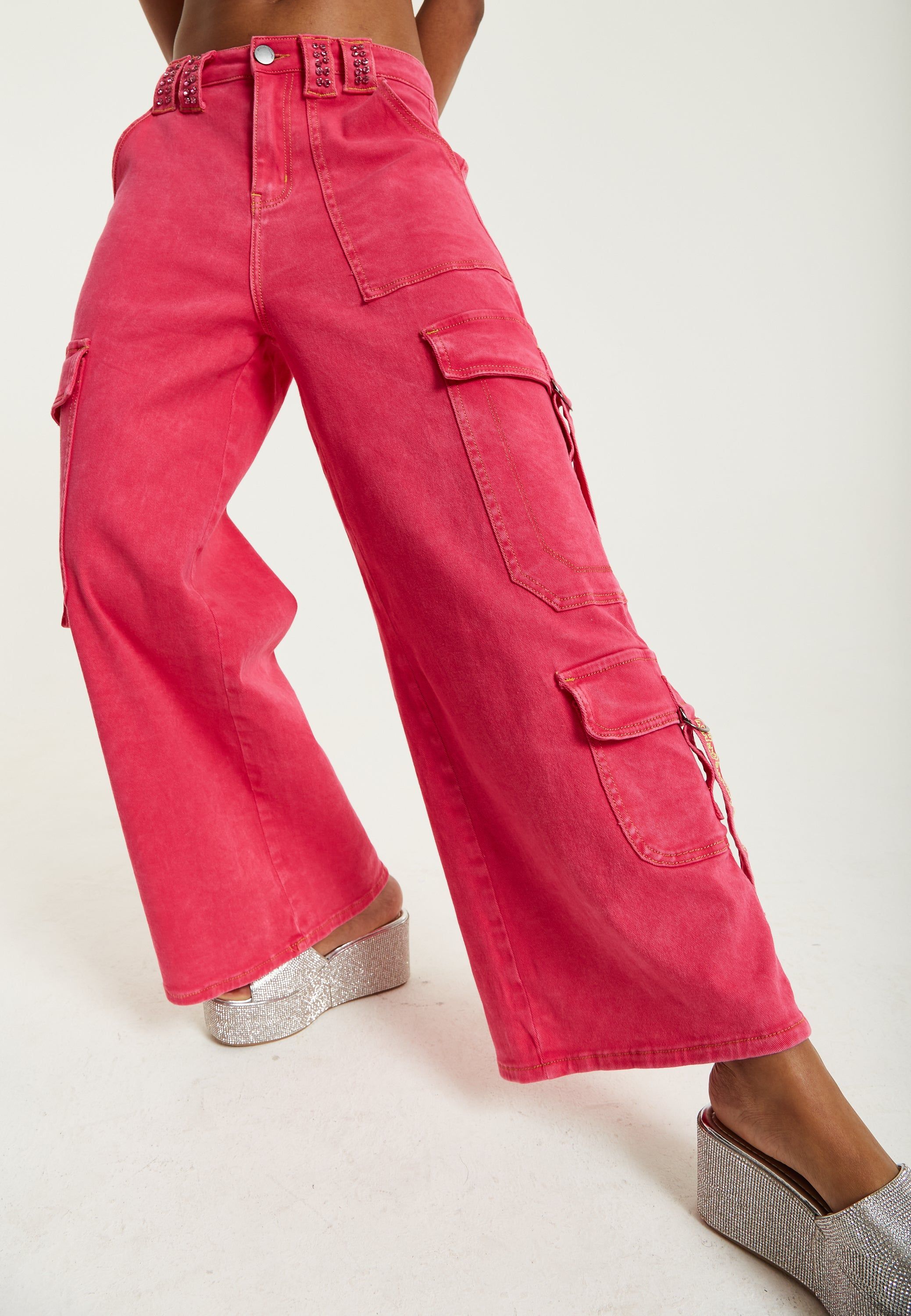 House of Holland Hot Pink Denim Wide Leg Cargo Trousers