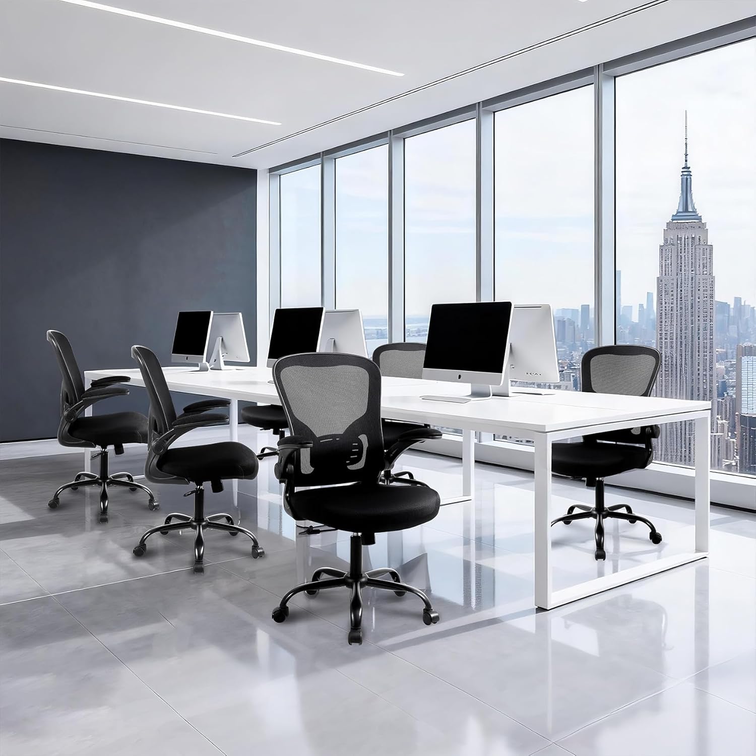 Flysky Ergonomic Home Office Desk Chair Set of 8 - Lumbar Back Support, Breathable Mesh Swivel Computer Task Chair with Wheels and Flip-up Arms, Height Adjustable, Black