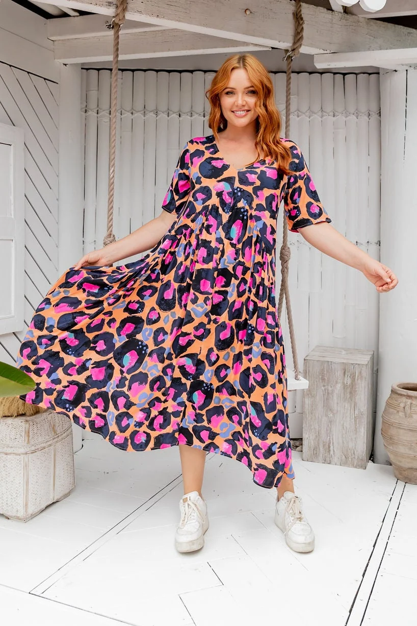 Peak Midi Dress in Sherbie - Peach Leopard by Kasey Rainbow