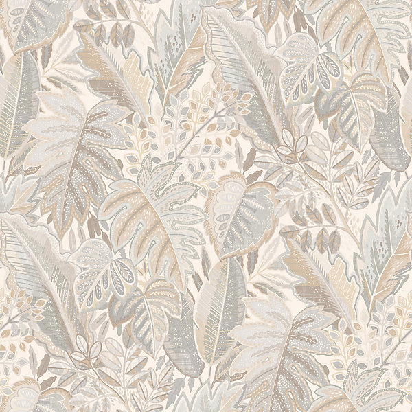 Papier peint vinyle intissé feuillage Tribal leaf beige L.1005 x l.53cm Grandeco
