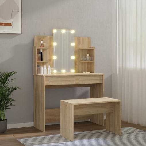 NNEVL Dressing Table Set with LED Sonoma Oak Engineered Wood