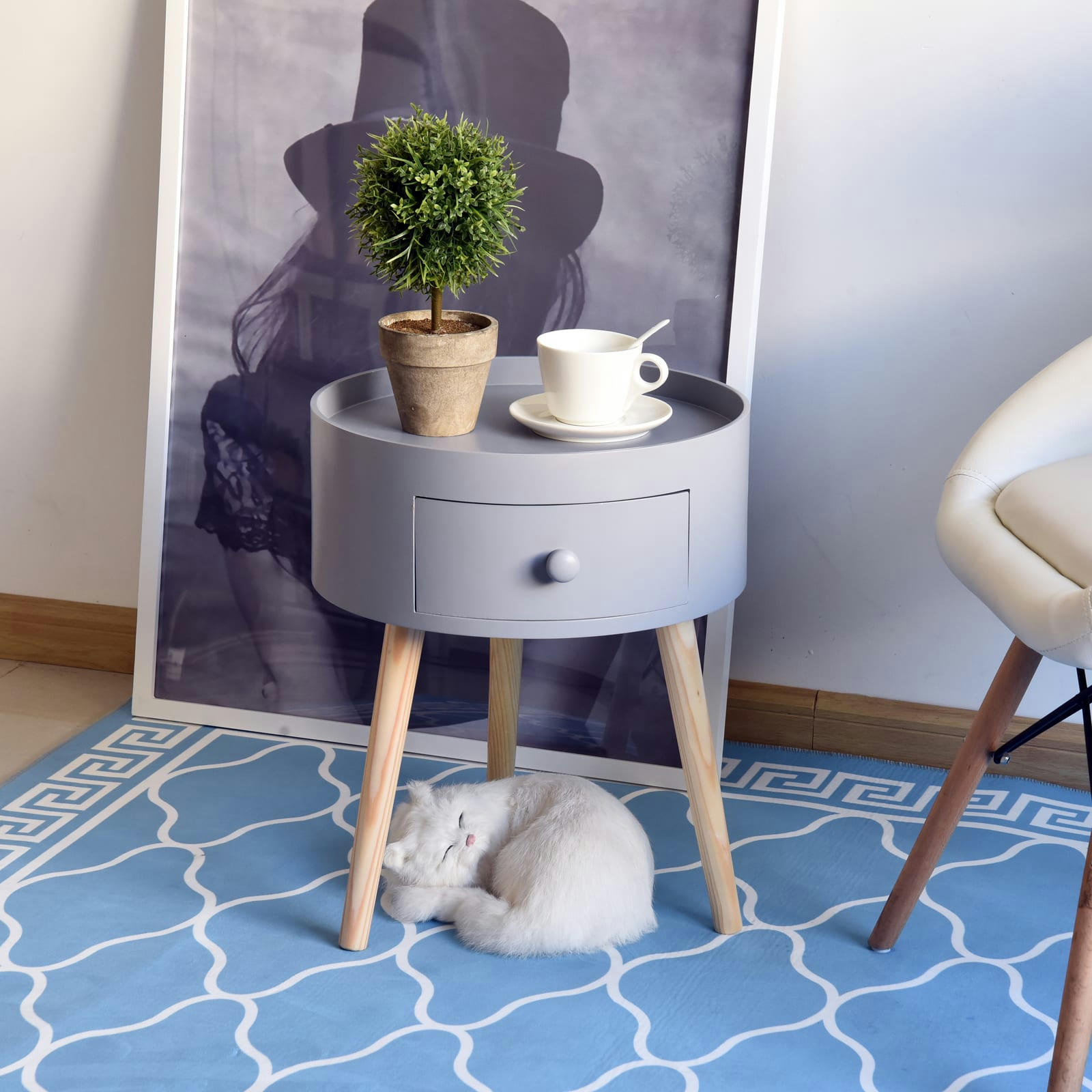 - Chevet table de nuit ronde 1 tiroir design scandinave bicolore