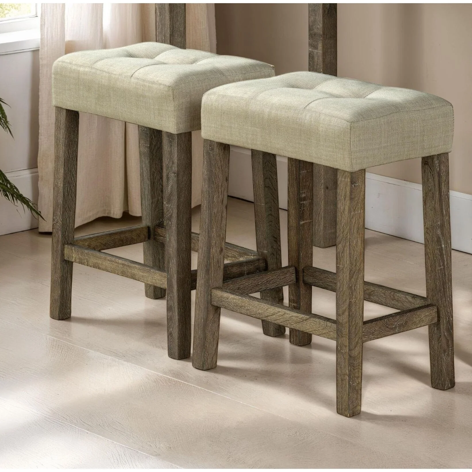 Dining Room Transitional 3pc Dining Set Rubber wood Table 2x Stools Tufted Seat Furniture