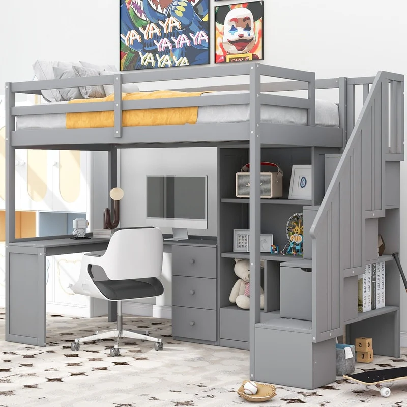 Twin Size Loft Bed with L-Shaped Desk and Drawers, Cabinet and Storage Staircase