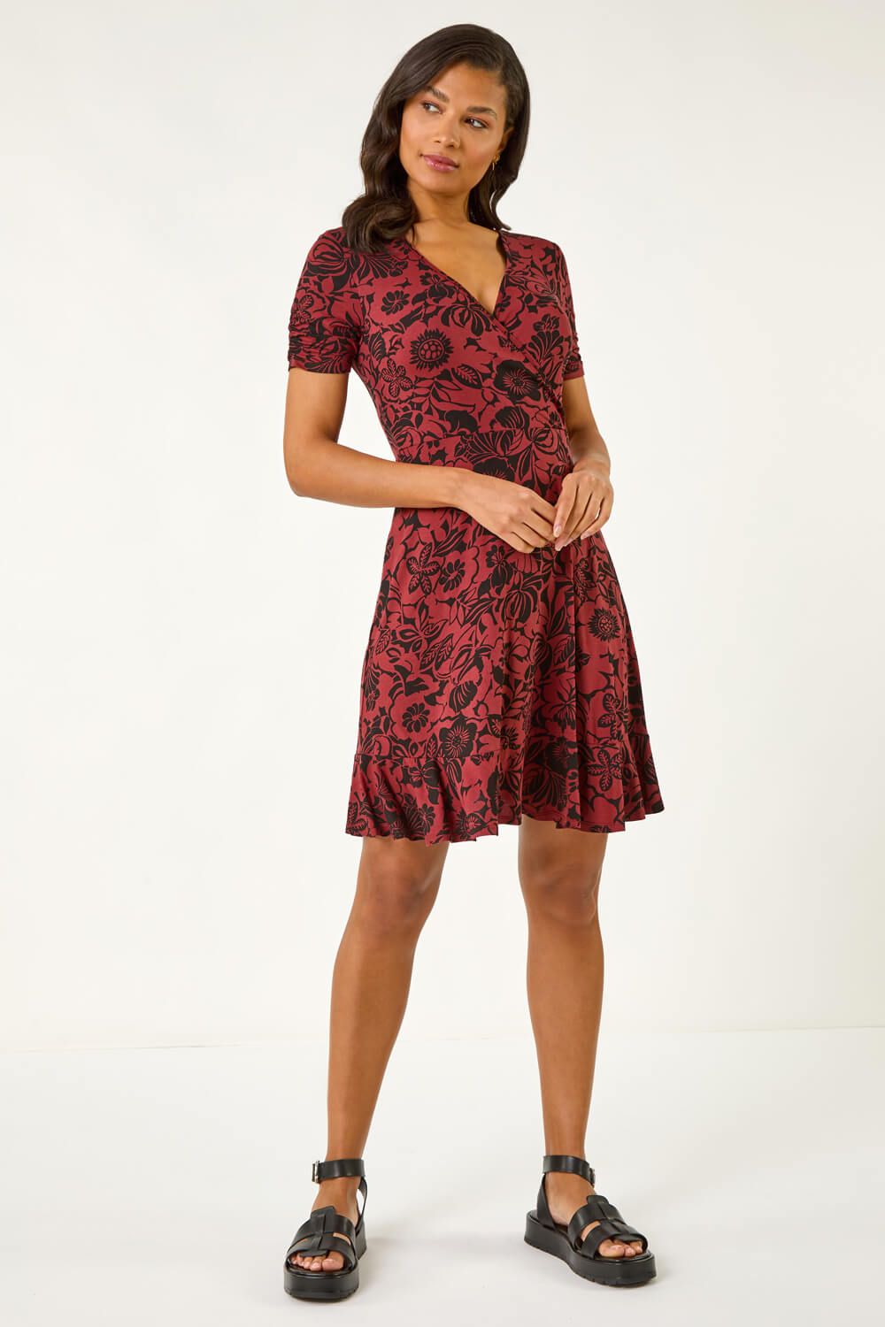 Roman Floral Print Wrap Frill Stretch Dress