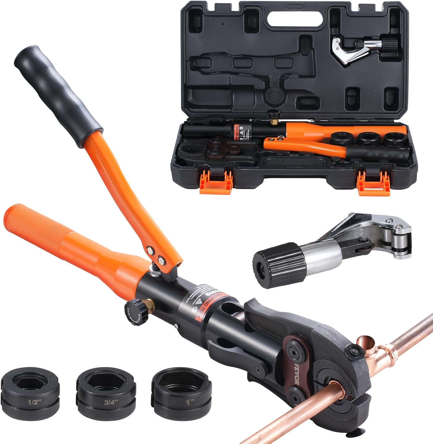 VEVOR Copper Pipe Crimping Tool, Hydraulic Driven Press Tool with 1/2, 3/4, 1 Jaws, Copper Tube Fittings Pipe Crimpers for Narrow Spaces and Tee Fittings
