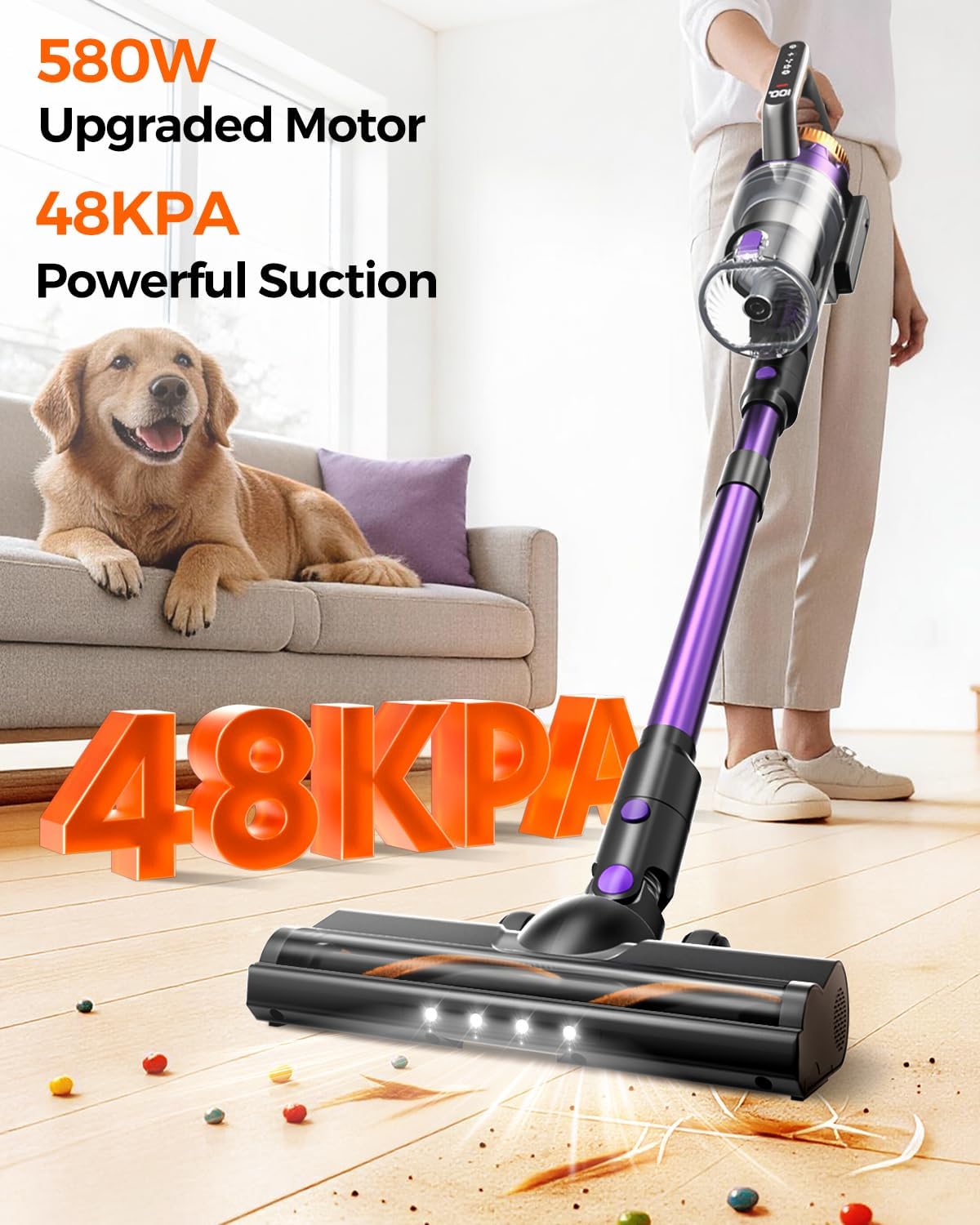 Cordless Vacuum Cleaner for Home, 580W/48KPa Powerful Suction, 65 Min Runtime, Lightweight Stick Vacuum with Touch Screen & Wall Mount, Handheld Vacuum for Pet Hair, Carpet & Hard Floors