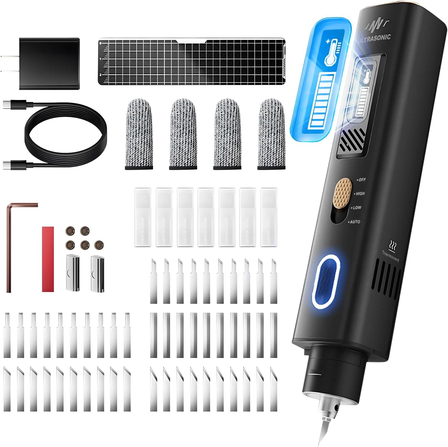 2-in-1 Ultrasonic Cutter, 35w Handheld Lightweight Ultrasonic Knife, withable 50 Blades and OLED Display, Suitable for 3D Printing Models of Plastic, Wood, Resin, Polyethylene and Leather