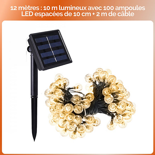 Lot de 4 guirlandes solaires extérieures lumineuses jardin - Ampoules LED 2.2 cm, 8 modes - 12 m - Blanc chaud - Linxor