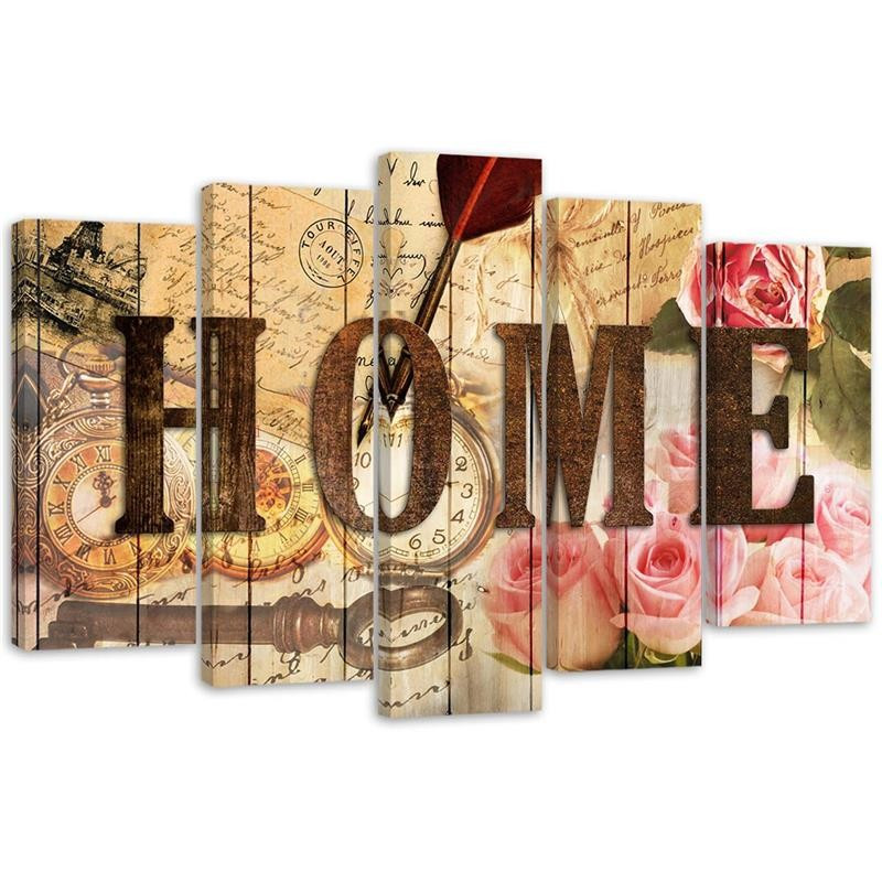 Feeby Obraz 5 częściowy Napis Home do domu vintage 100x70