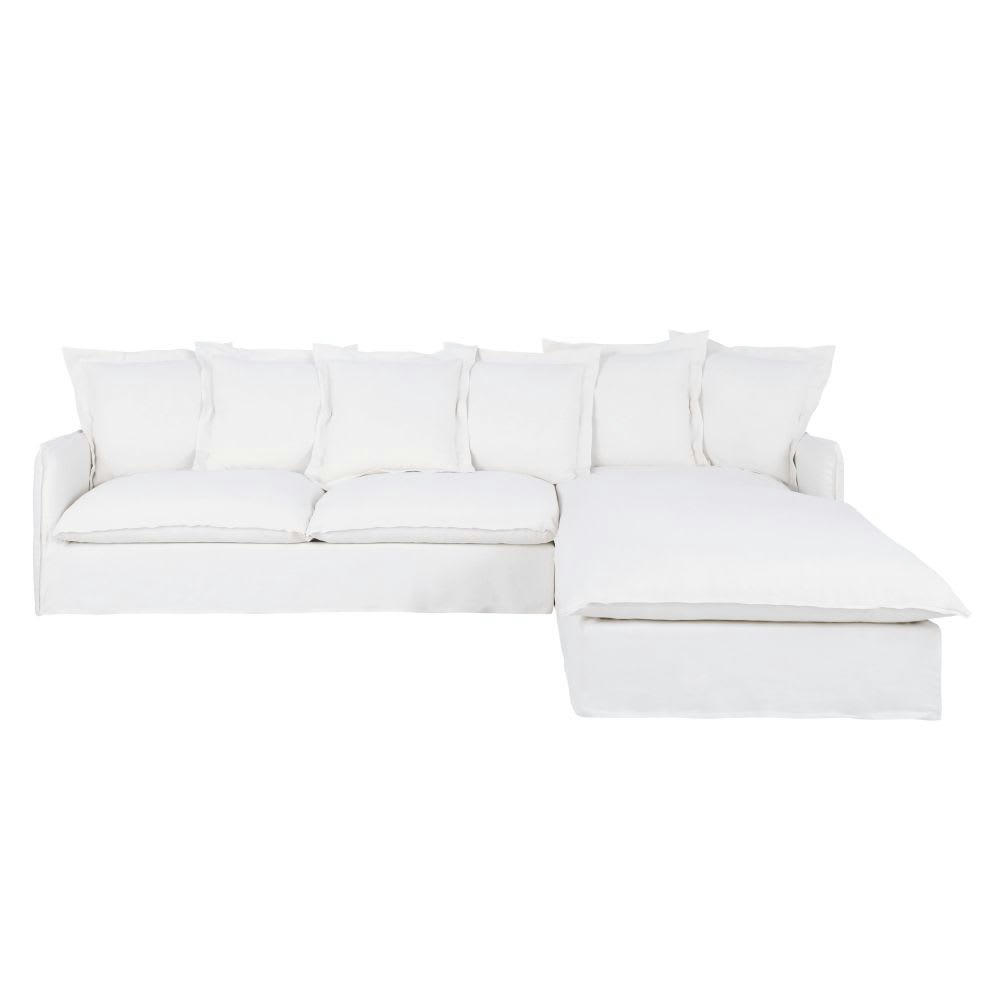 Barcelone - Canapé d'angle droit convertible 5/6 places en lin supérieur blanc, matelas 6 cm