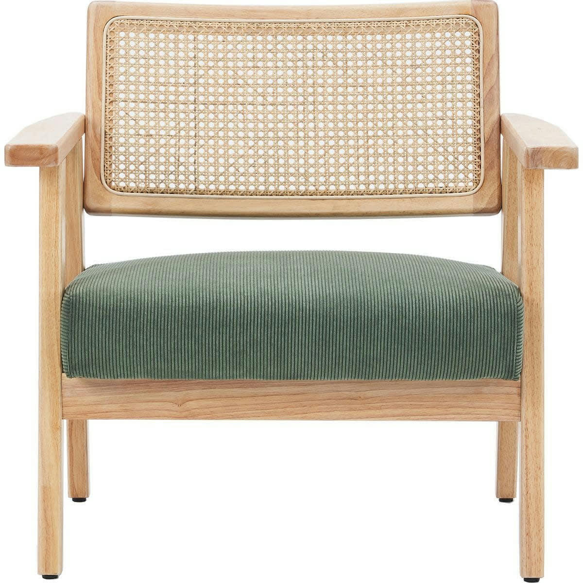 TIM - Fauteuil en velours côtelé vert et cannage naturel