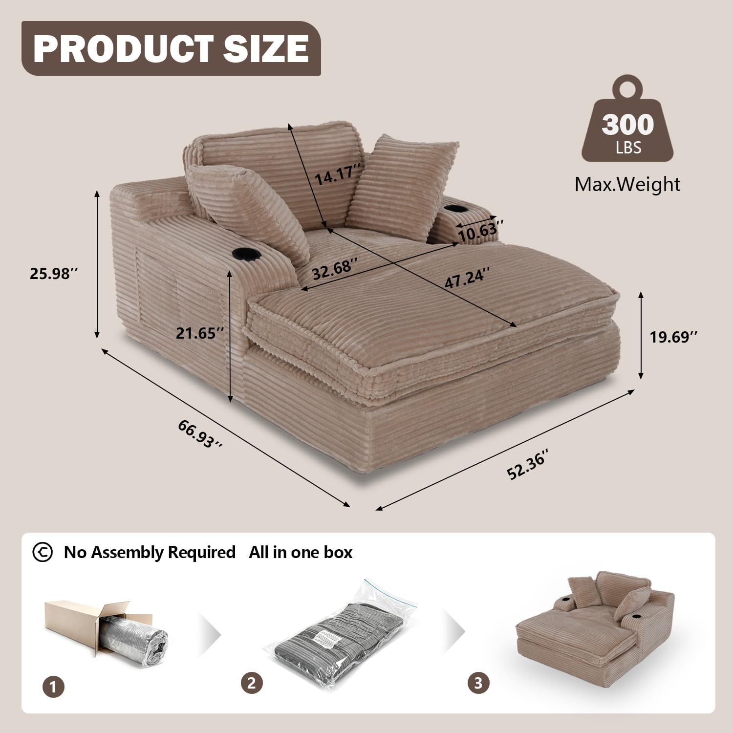 67 Oversized Chaise Lounge Chair Indoor, Soft Boneless Cloud Couch with 3 Pillows, 4 Side Pockets and 2 Cup Holders, Comfy Corduroy Sleeper Couch for Living Room Bedroom