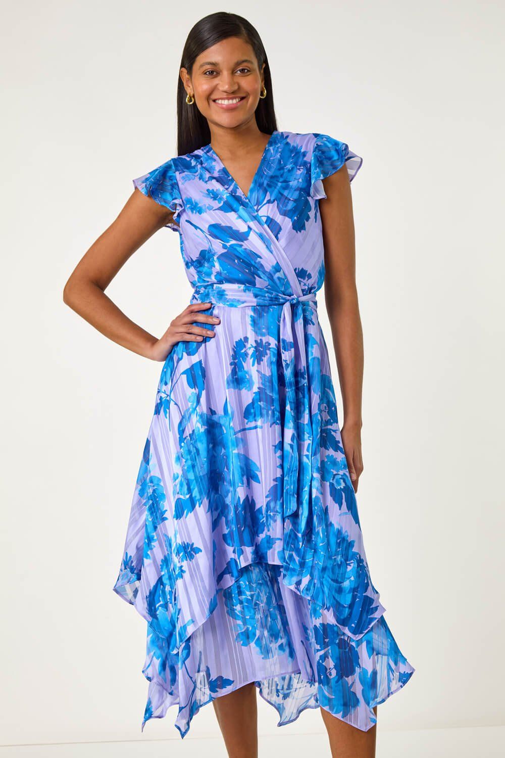 Roman Floral Frill Midi Wrap Dress