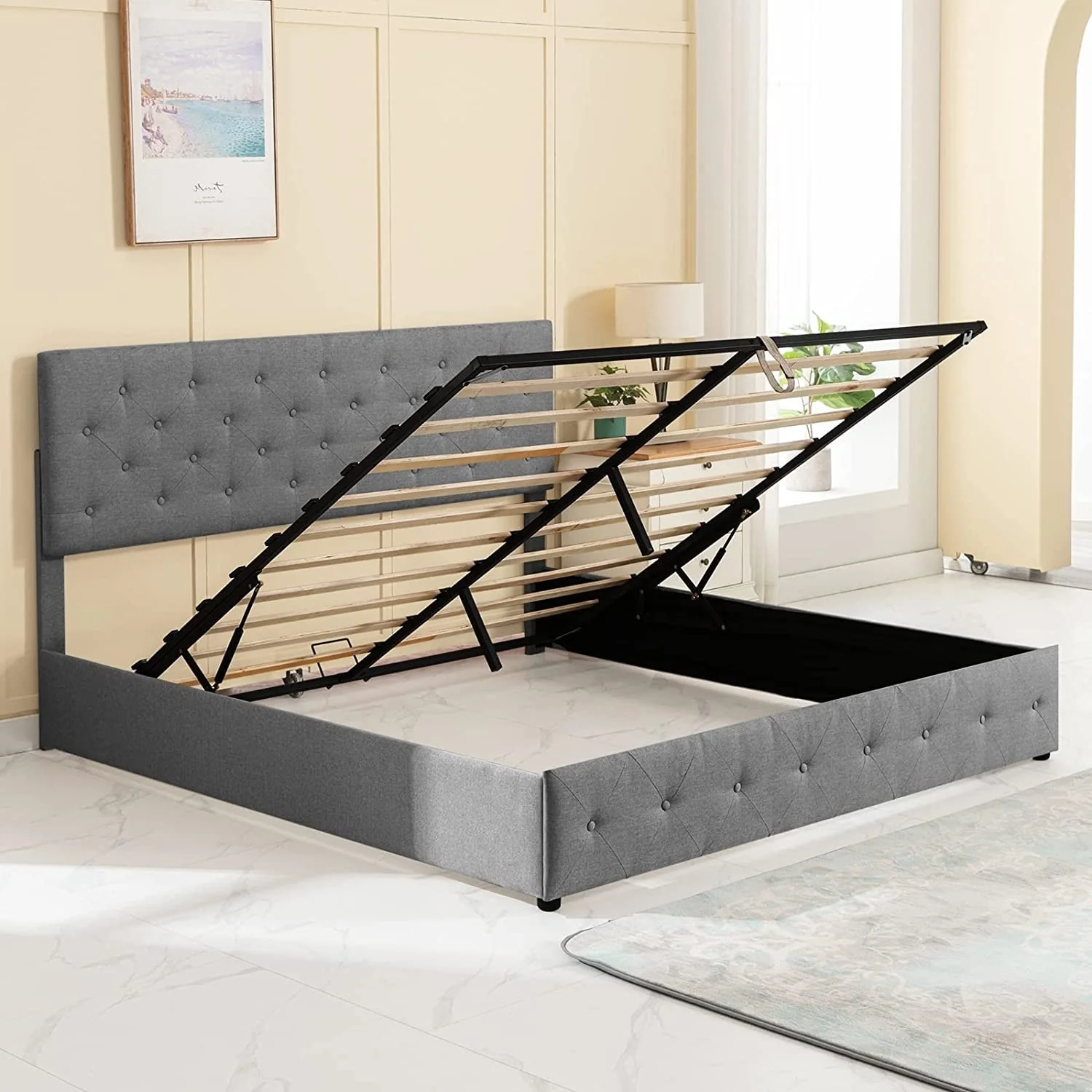 Mixoy Bed Frame with Adjustable Headboard, Linen Upholstered Platform Bed Frame, Button Tufted and Storage, No Box Spring Needed