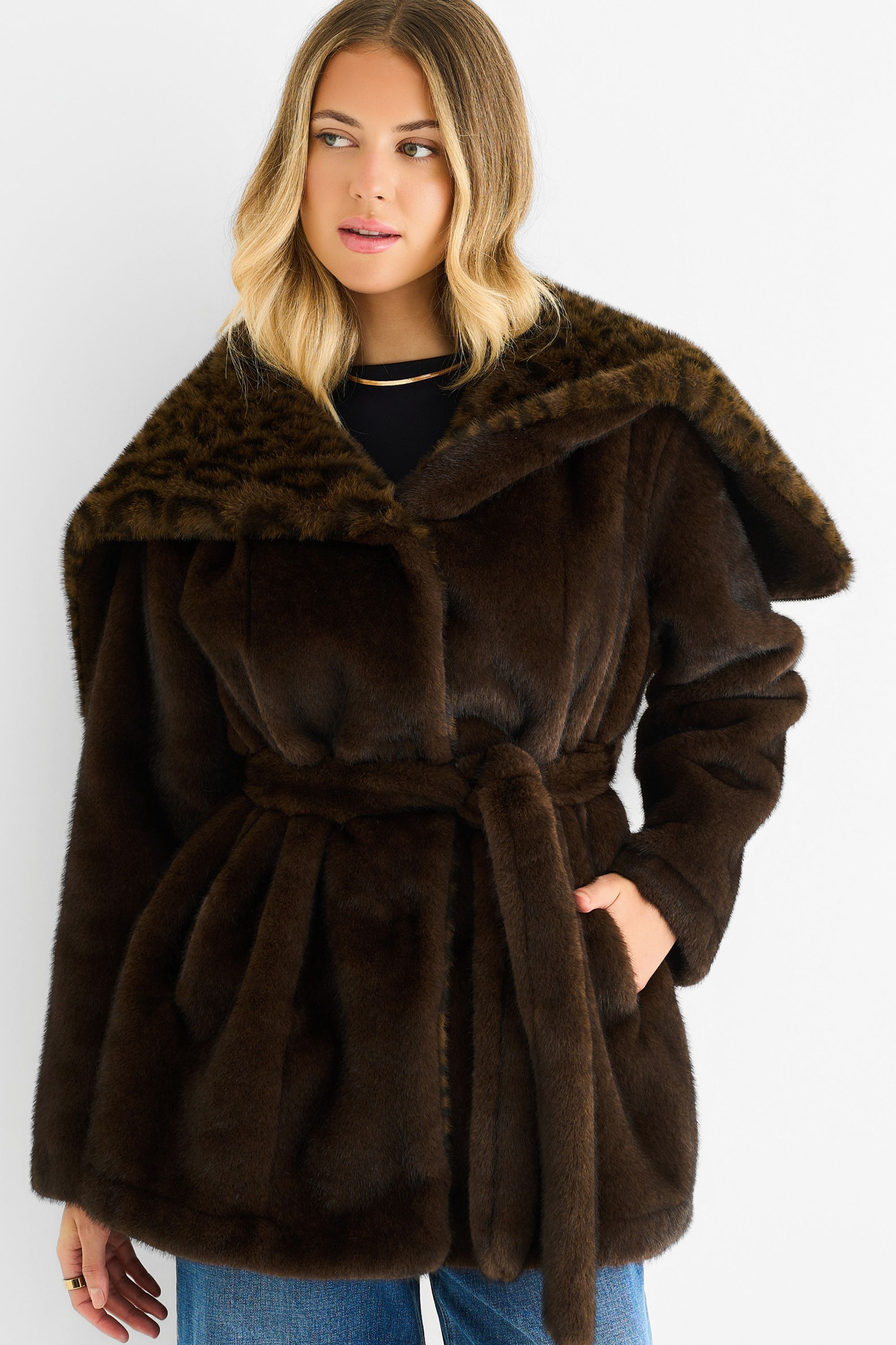 Gini London Chocolate Premium Contrast Lapel Hood Animal Faux Fur Jacket