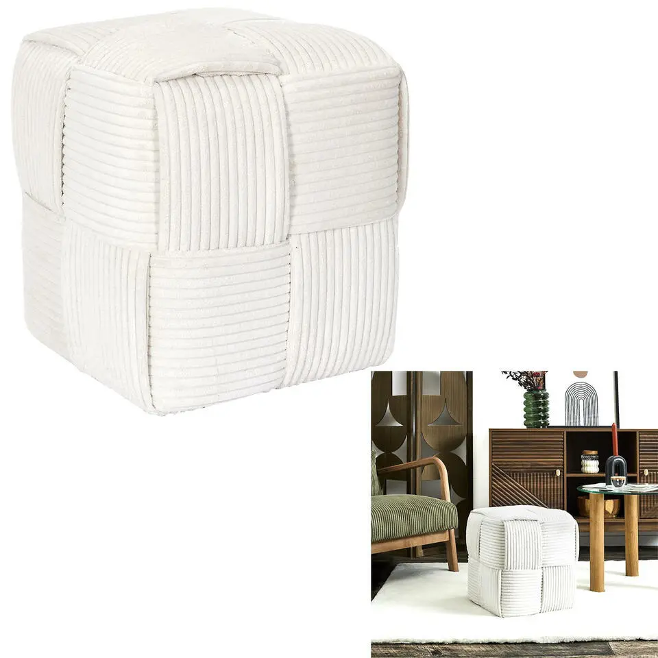 Home Deco Factory Poefje - ribstof - creme wit - 36 x 36 x 38 cm