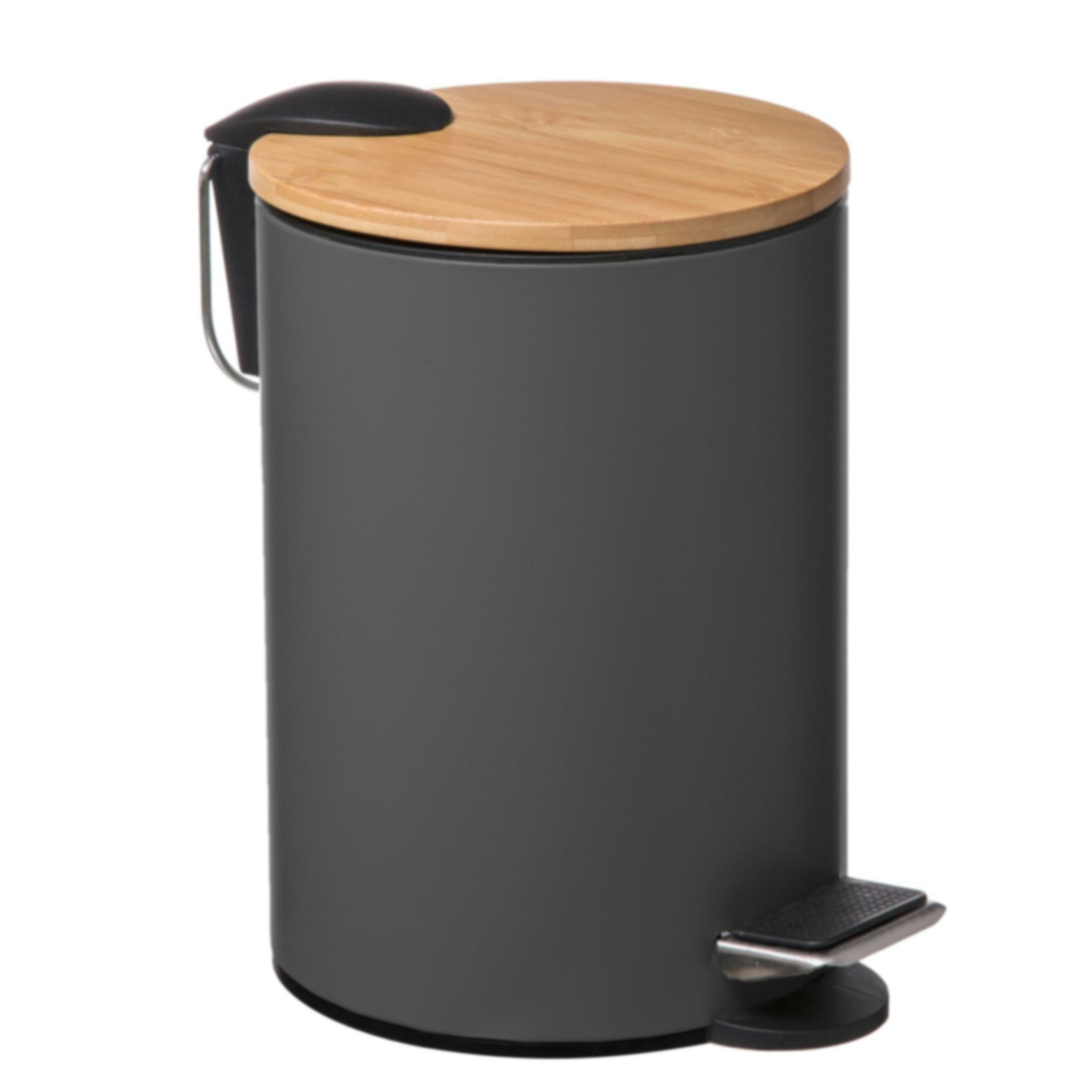 - Poubelle salle de bain métal gris couvercle bambou - 3L