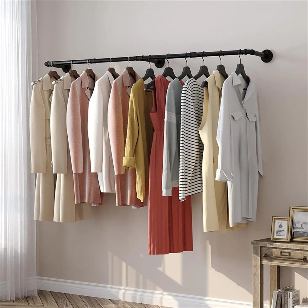 70.87 Long Industrial Pipe Clothes Rack Wall Mounted Hanging Rail