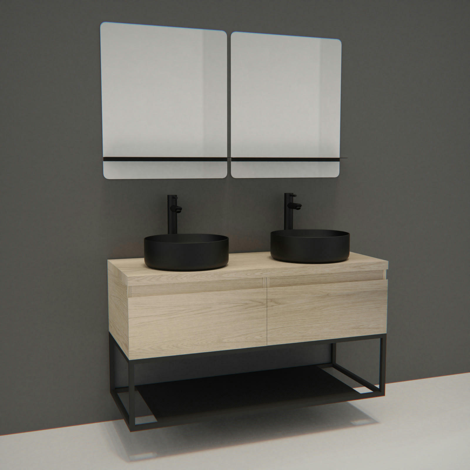 WILL - Meuble de salle de bain bois et métal avec vasques noires et miroirs