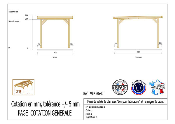 Carport toit plat, 300cmx400cm, bois DOUGLAS Français(Charpente en bois-auvent-abri voiture) 12 m². Garantie 10 ans