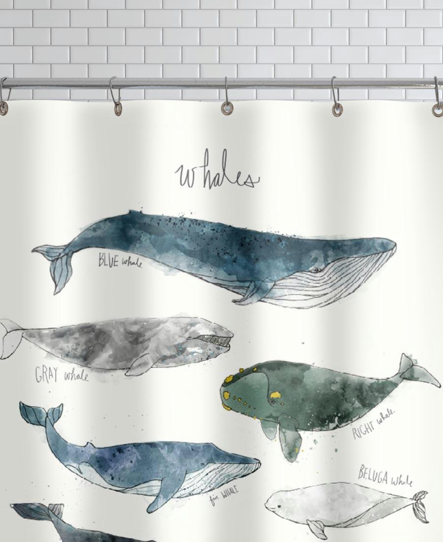 WHALES - Rideau de douche en polyester en blanc ivoire & bleu 150x200