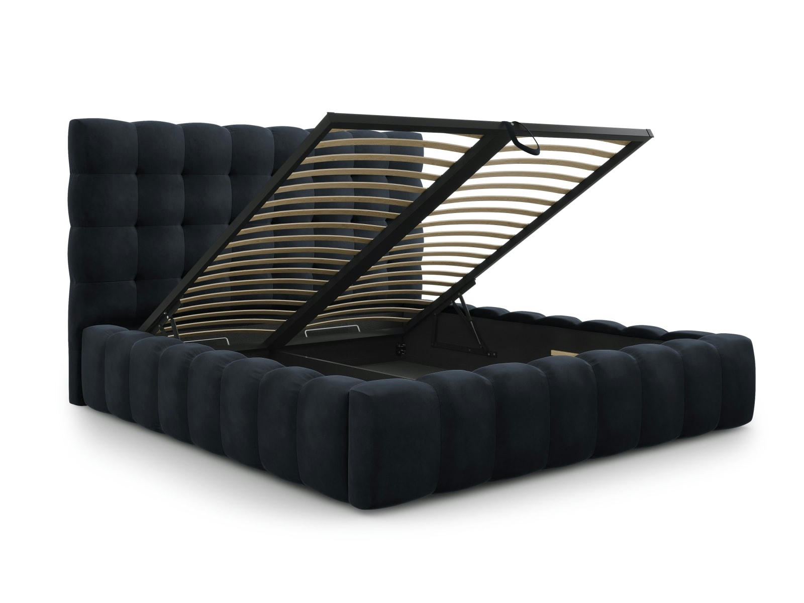 MAMAIA - Lit coffre en avec tête de lit 180x200cm en tissu velours bleu foncé