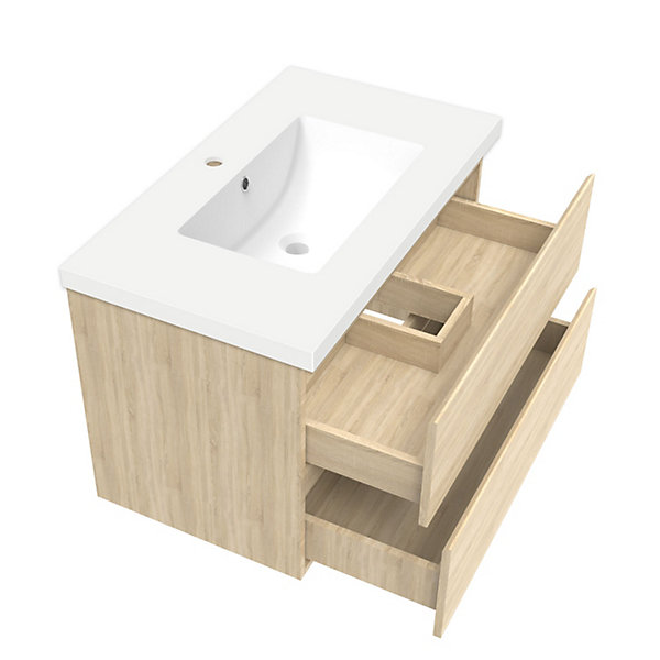 Ensemble meuble de salle de bain 80cm, vasque céramique   colonne   miroir lumineux, chêne