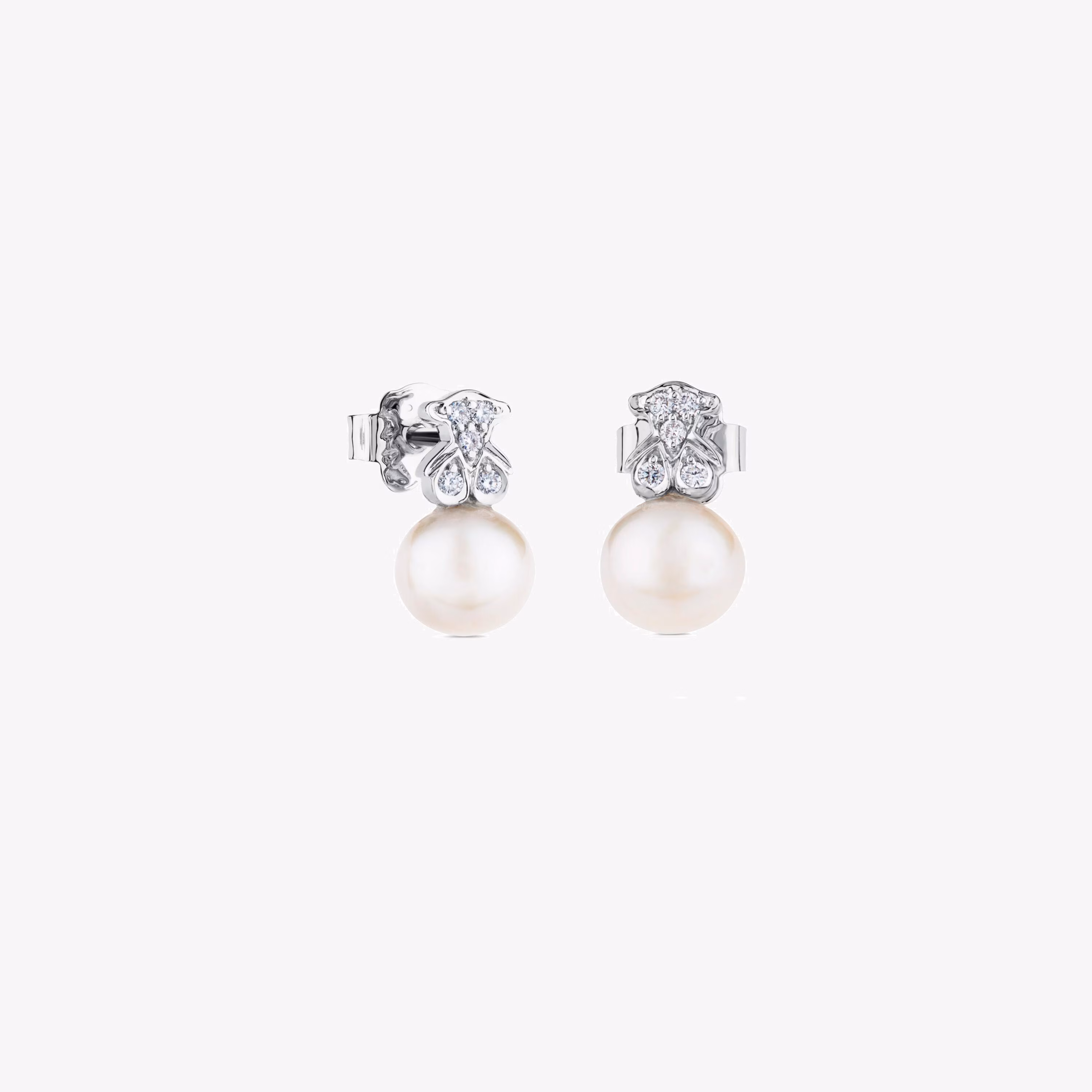 Pendientes botón de oro blanco, perlas cultivadas y diamantes Puppies