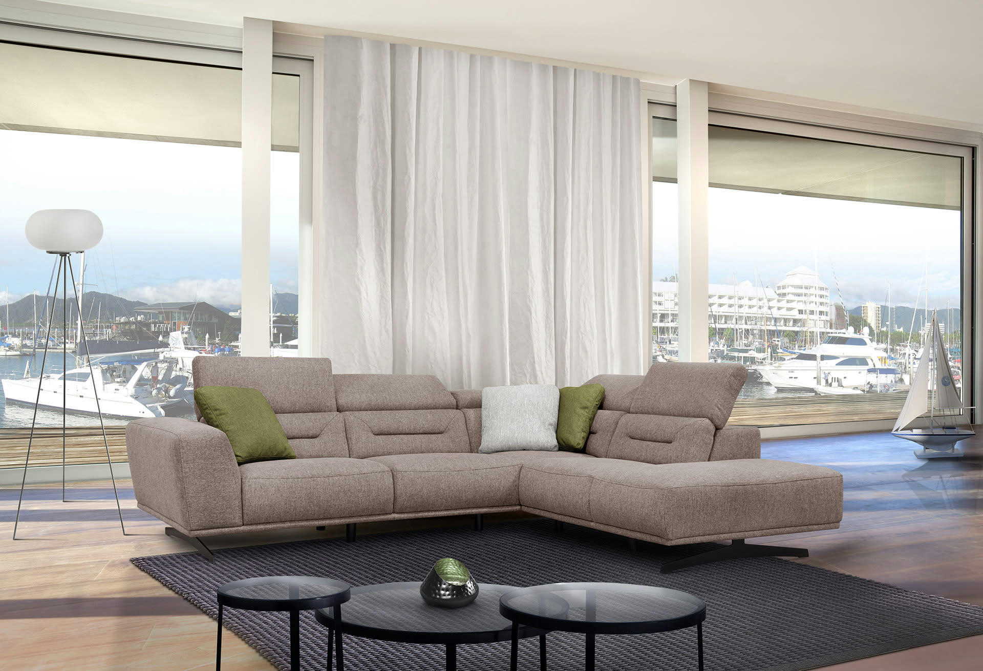 LUCANO - Canapé d'angle droit 5 places tissu taupe