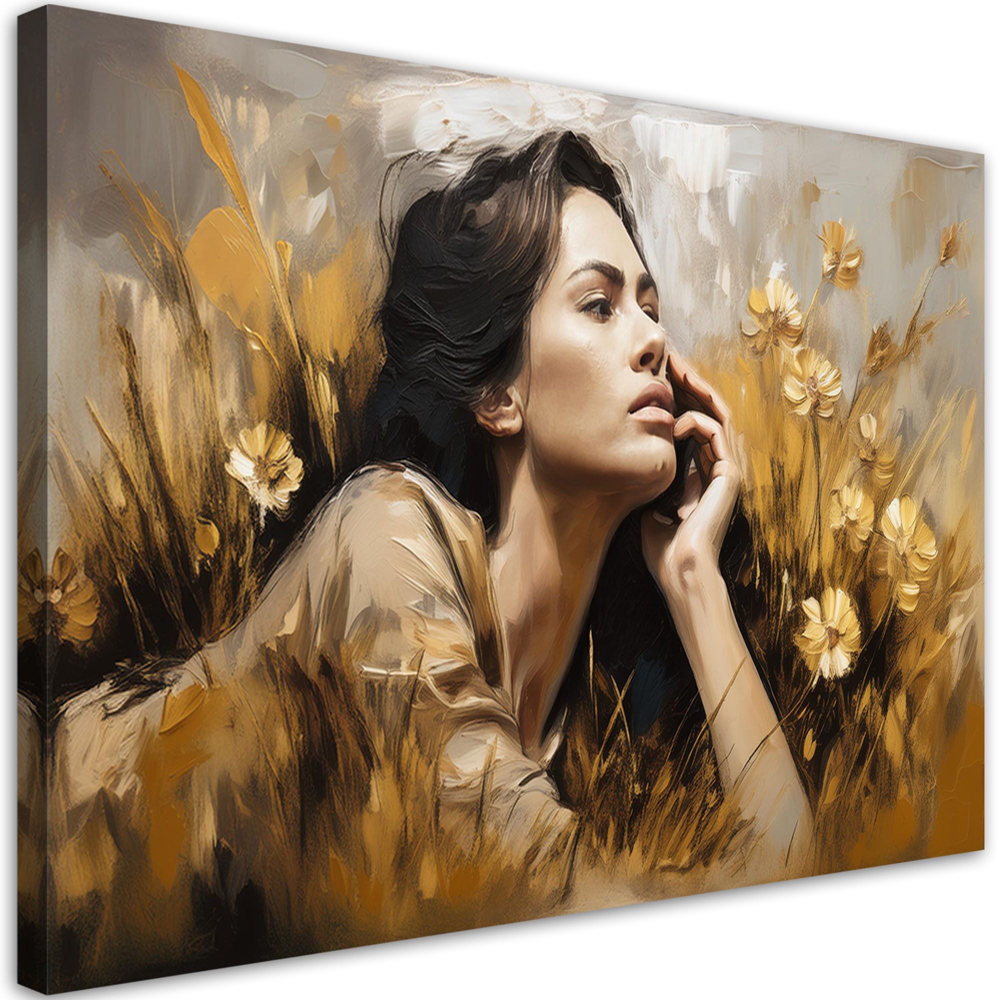 Feeby Obraz na płótnie, Kobieta leżąca na łące Kwiaty Złoty 60x40