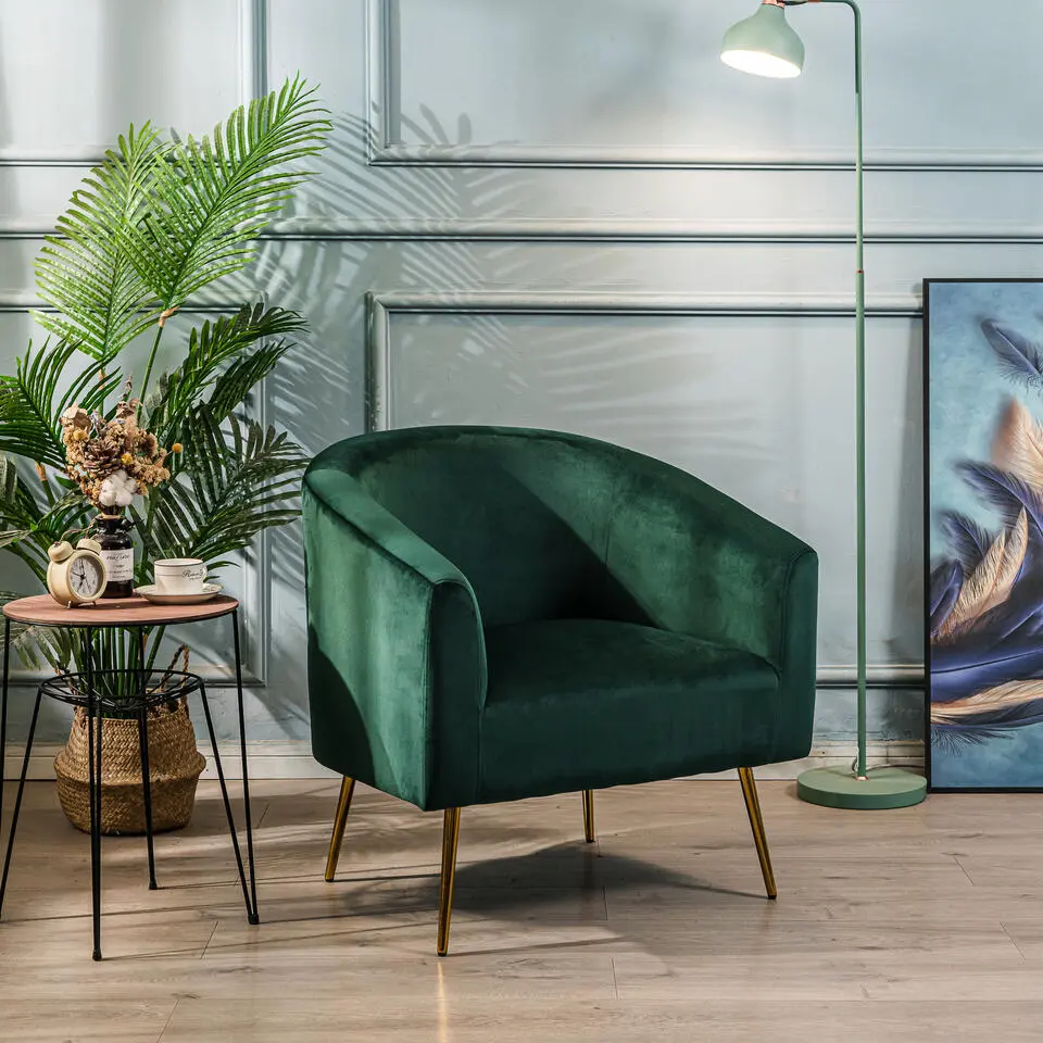 Retro stijl groene fluwelen en metalen salon fauteuil