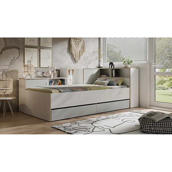 Lit enfant ELYO90x200 cmAvec tiroirs, niches et étagèresGris, blanc &chene clair