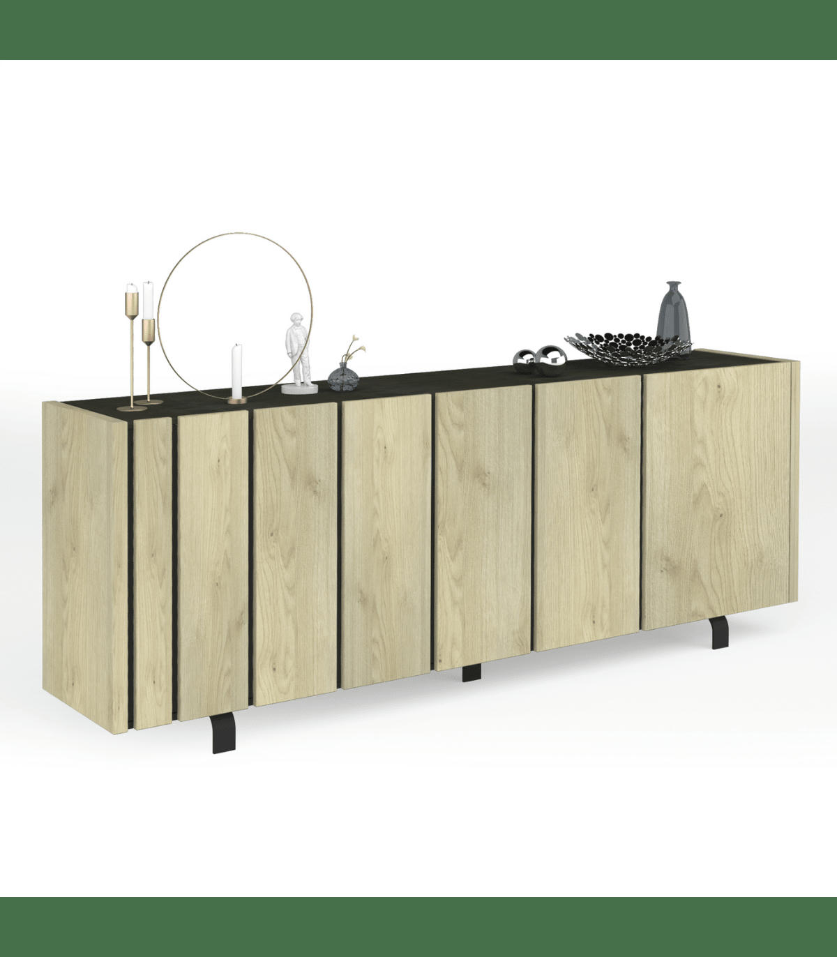 RUSH - Buffet 4 portes effet Chêne et plateau Noir