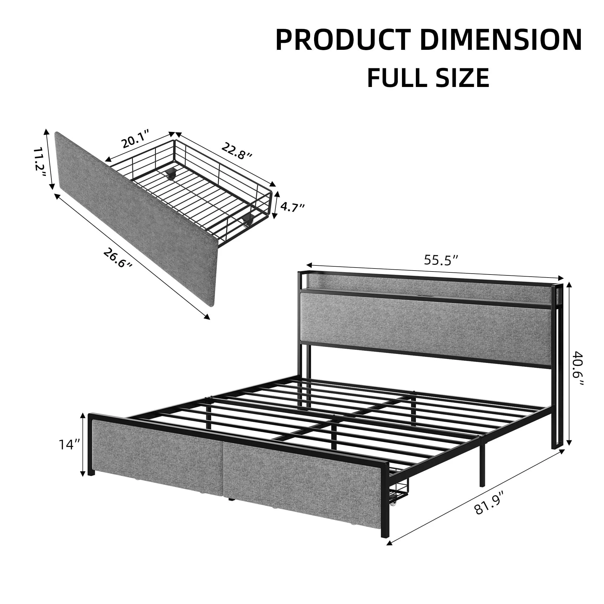 Bed Frame with Storage Headboard and Charging Station