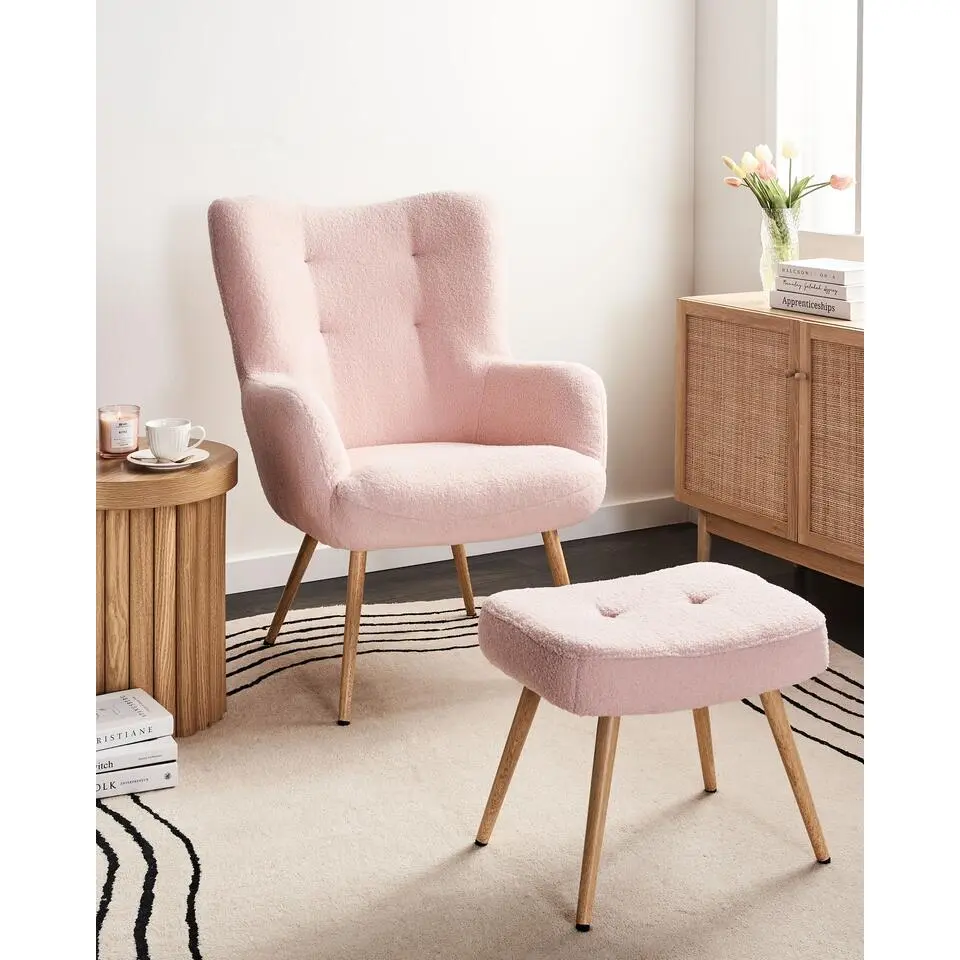 VEJLE II - Fauteuil met hocker - Pastelroze - Boucl&eacute;