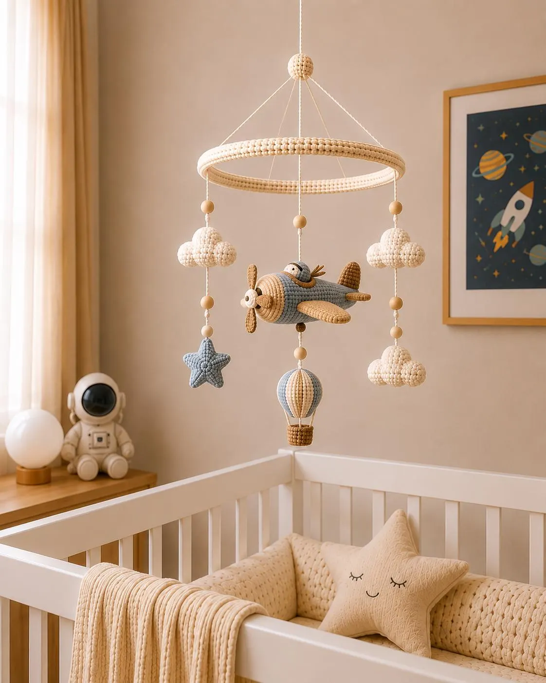 Little Airplane Baby Mobile, Aviation Nursery Decor, Handmade Clouds Balloon Crib Toy