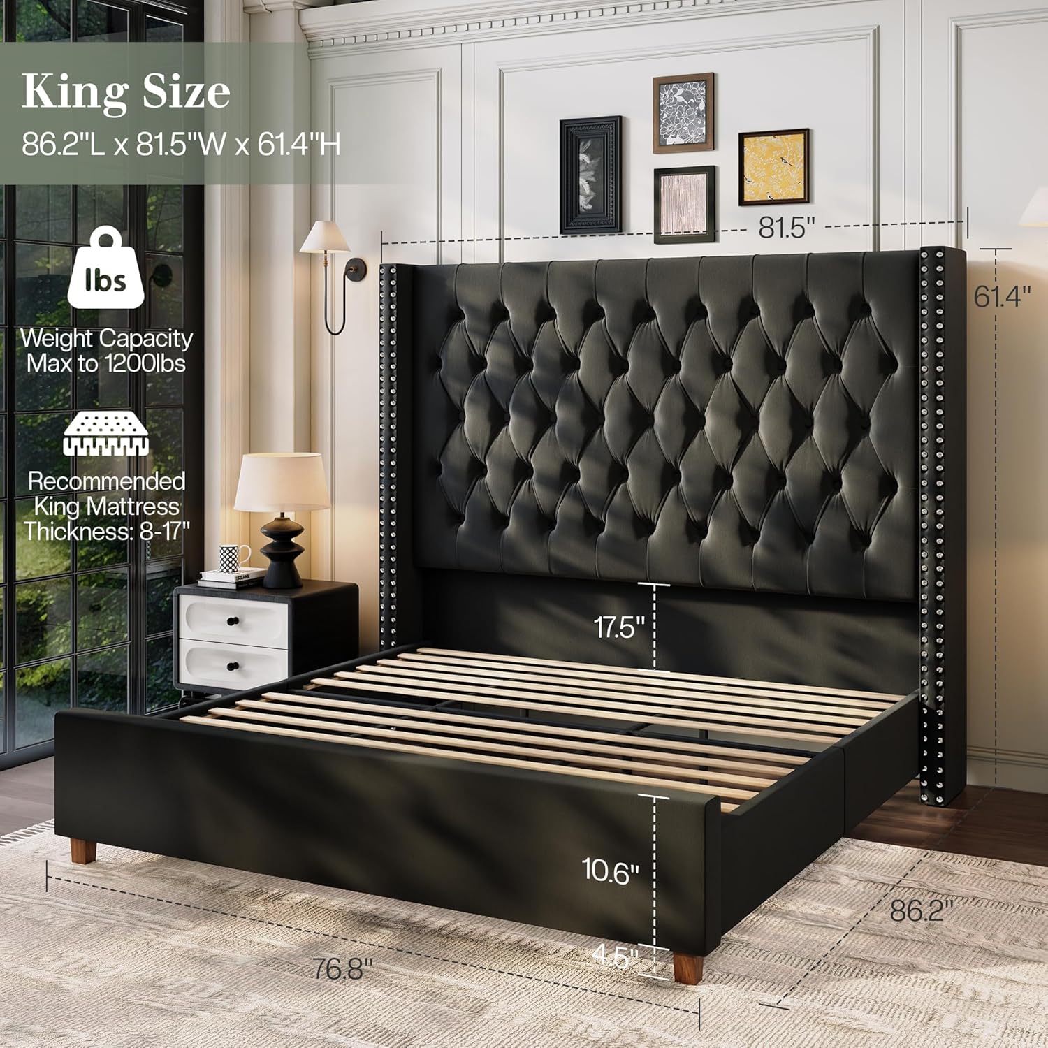 Jocisland King Size Bed Frame with 61.4 Tall Headboard, Velvet Upholstered Wingback Platform Design, Handcrafted Pleats& Deep Button Tufted, Solid Wood Legs, No Box Spring Needed, Black