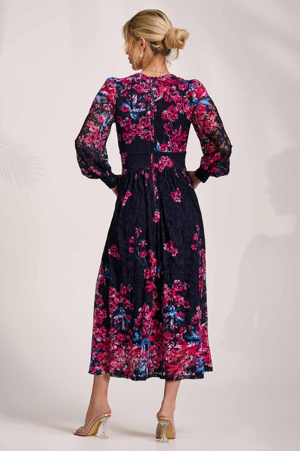 Jolie Moi Long Sleeve Printed Lace Maxi Dress