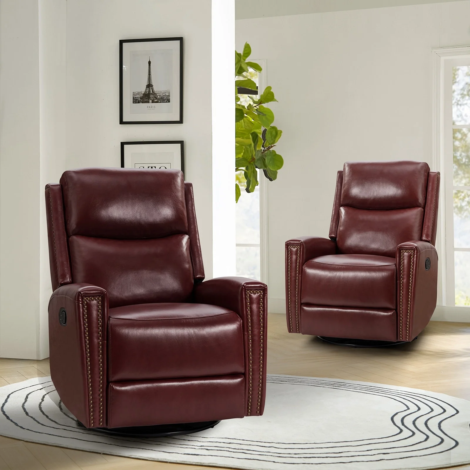 Fiacro 30.31Wide Modern Genuine Leather Wingback Swivel Rocker Recliner with Nailhead Trims, Set of 2