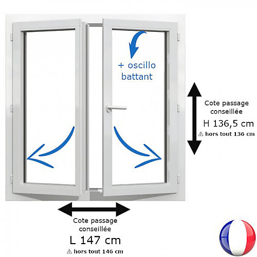 Fenêtre PVC blanc 2 vantaux hors tout H 136 x L 146 cm oscillo battant pour pose rénovation