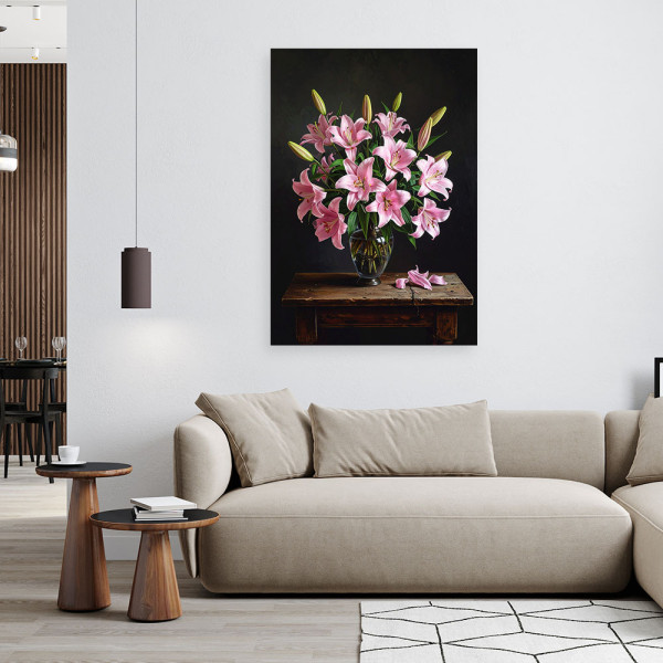 Obraz pionowy do salonu sypialni biura, Różowe lilie kwiaty 20x30