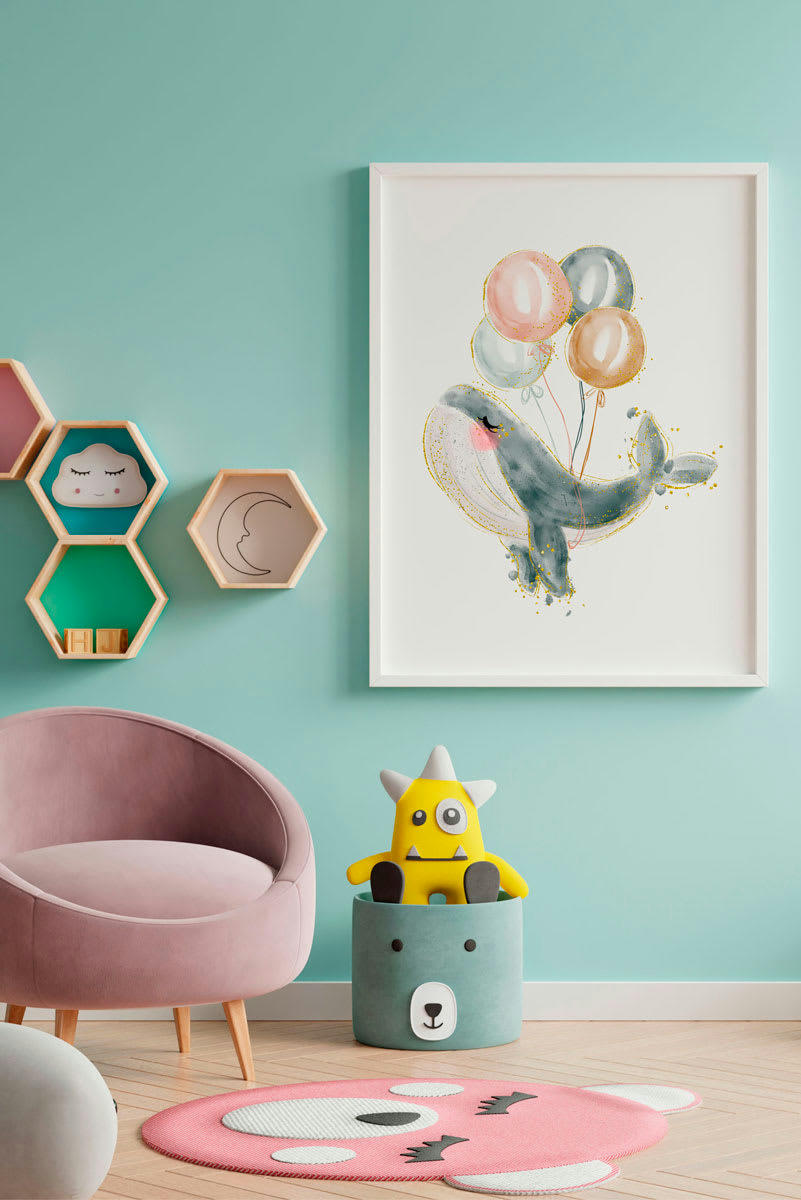 DECOWALL - Impression de Baleine gris ballon encadrée en bois blanc 43X33 cm